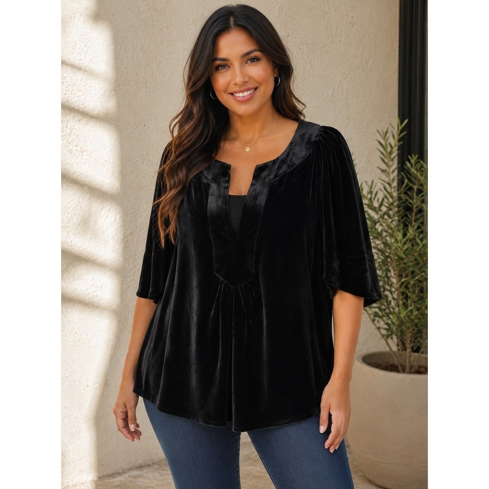Polmader Place Black Velvet Top Sz L Velour Tunic Blouse Kimono Sleeve Soft Luxe
